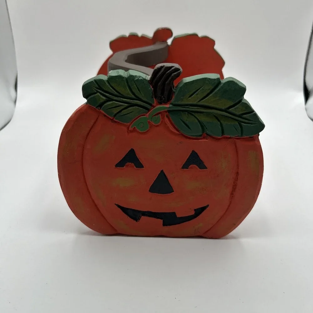 Pumpkin Wood Caddy Halloween Decor Orange Checkered Folk Art Hand Painted